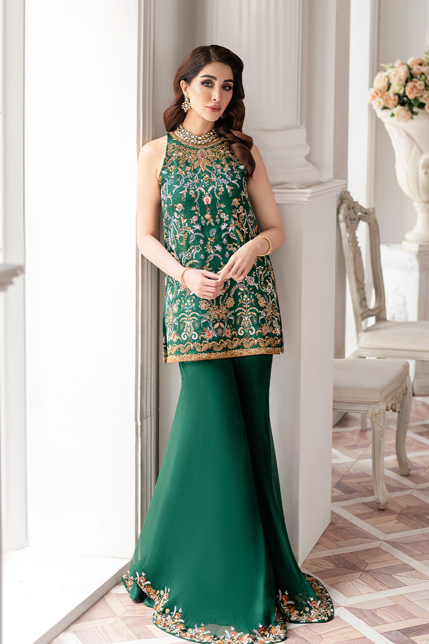 Emerald Green Hand Embroidered Silk Jamawar Gharara (3-Piece) - Image 8