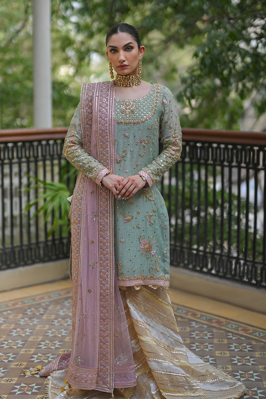 Seafoam Zardozi Silk Net Gharara Set (3-Piece) - Image 1