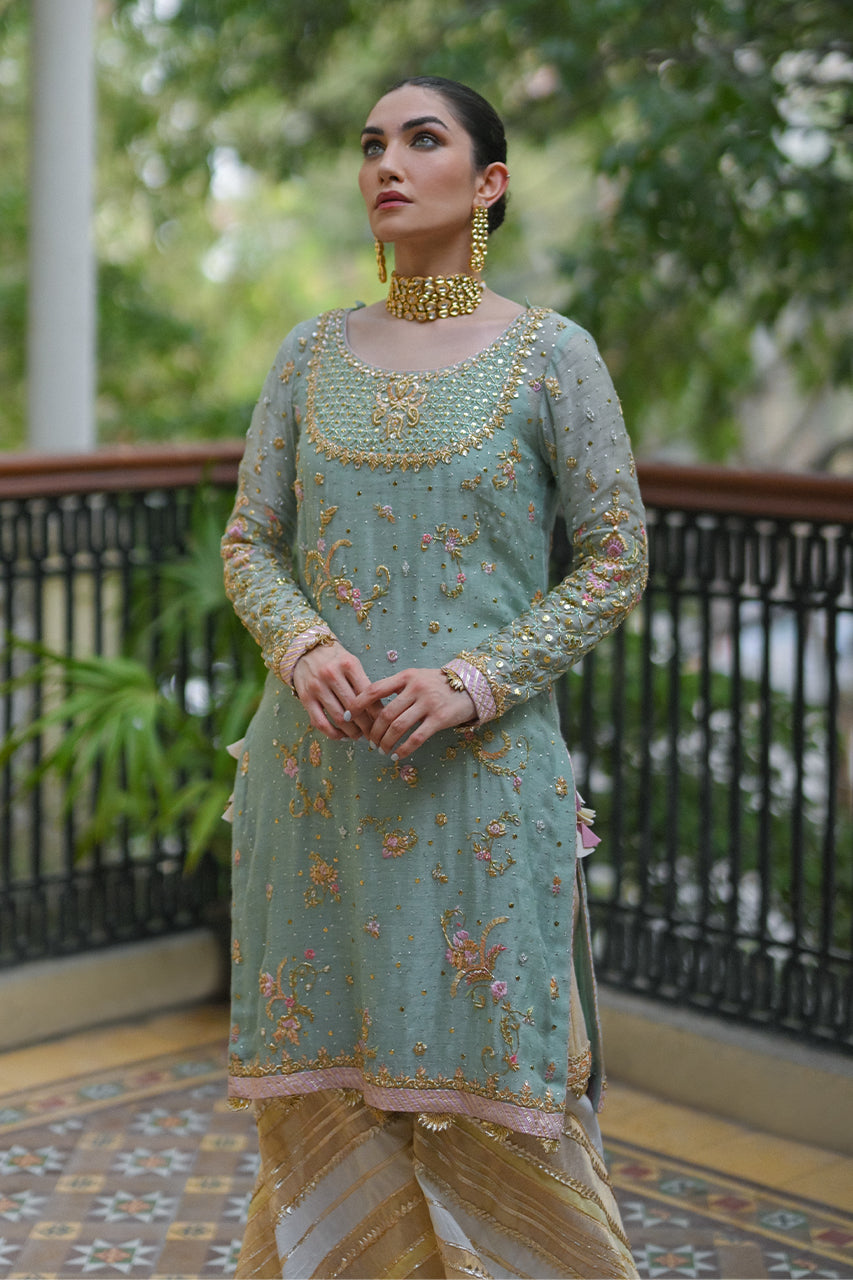 Seafoam Zardozi Silk Net Gharara Set (3-Piece) - Image 2