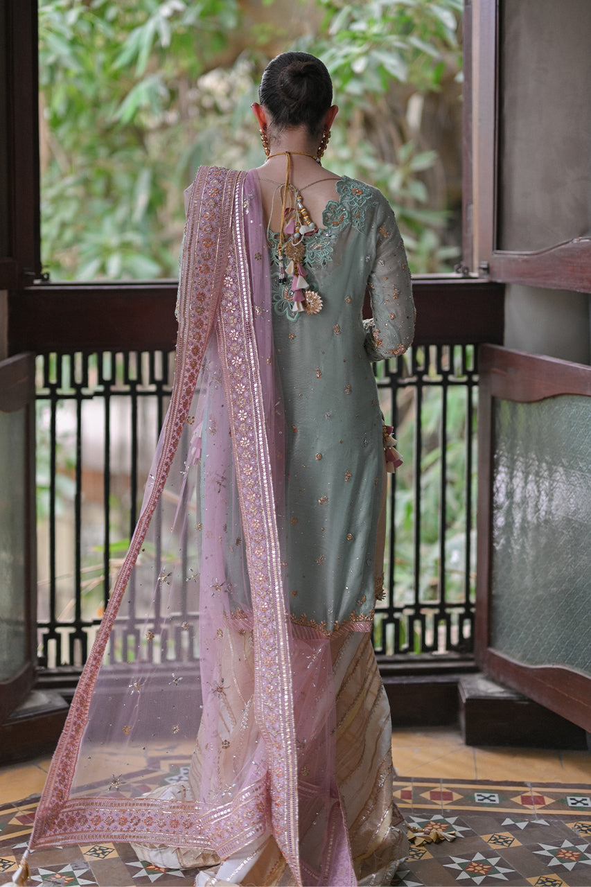 Seafoam Zardozi Silk Net Gharara Set (3-Piece) - Image 3