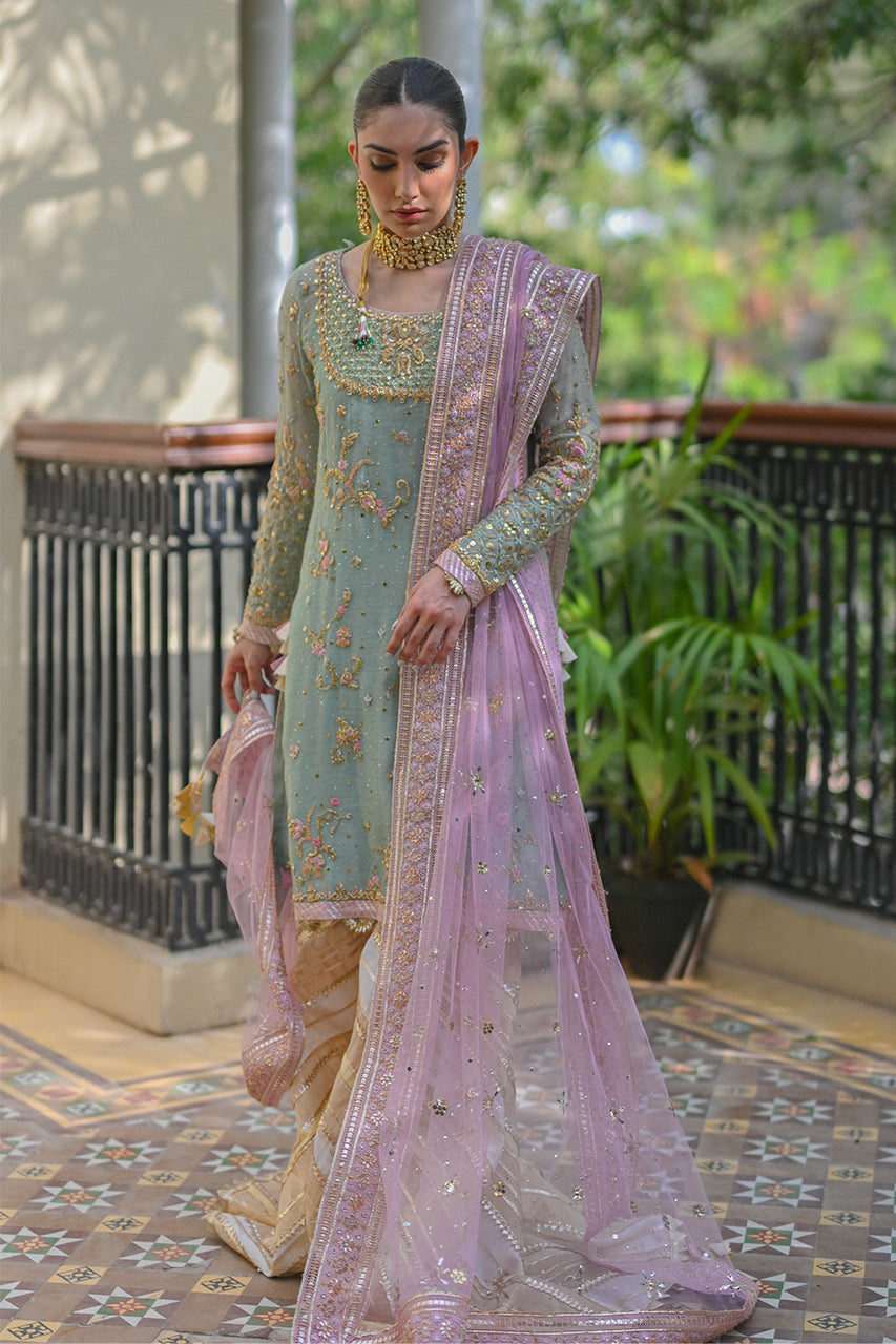 Seafoam Zardozi Silk Net Gharara Set (3-Piece) - Image 4