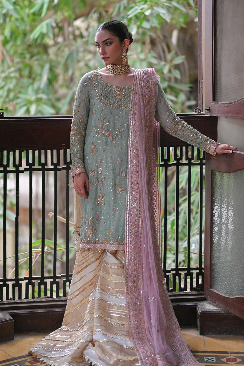 Seafoam Zardozi Silk Net Gharara Set (3-Piece) - Image 5