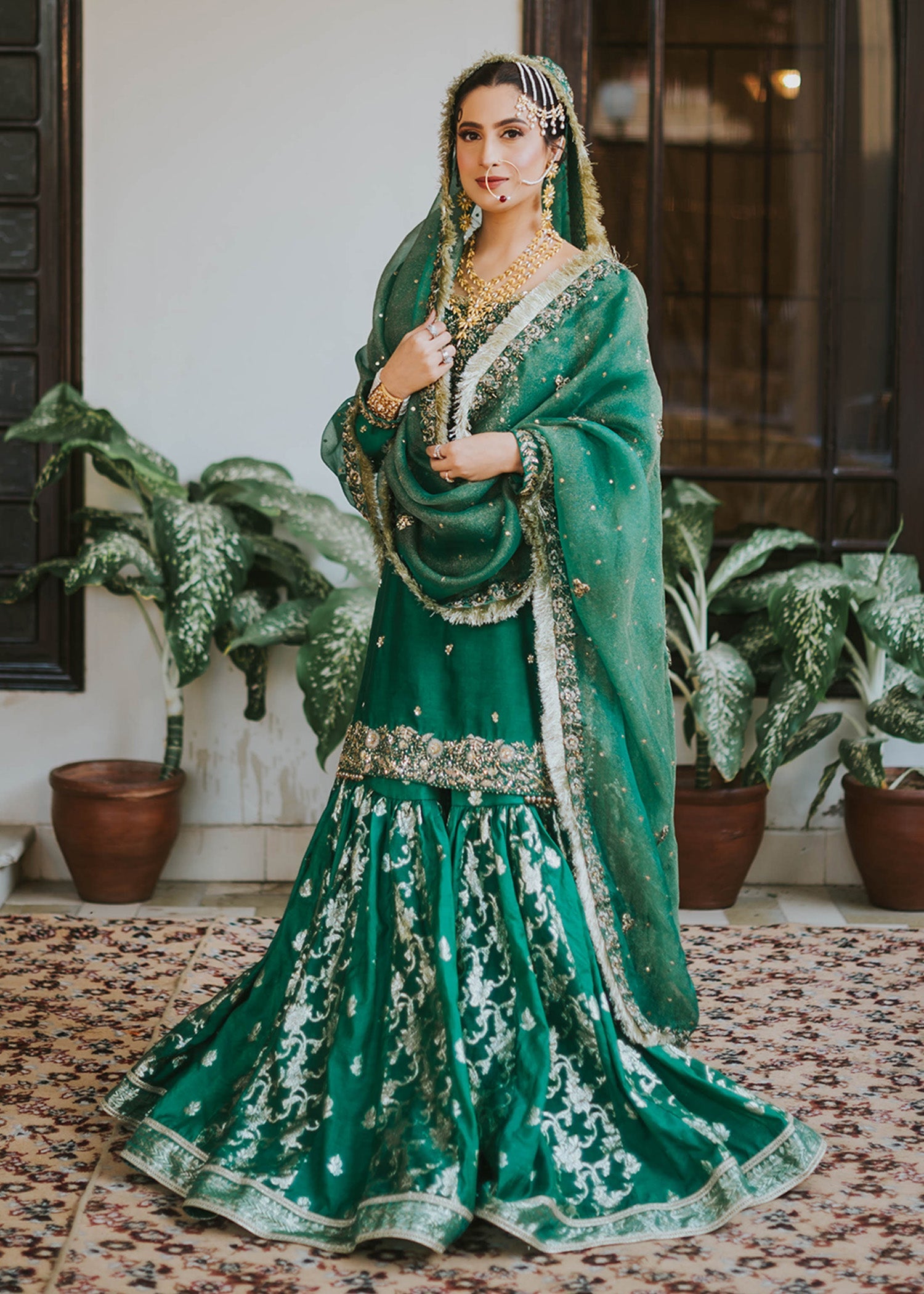 Emerald Green Embroidered Silk Bridal Gharara (3-Piece) - Image 1