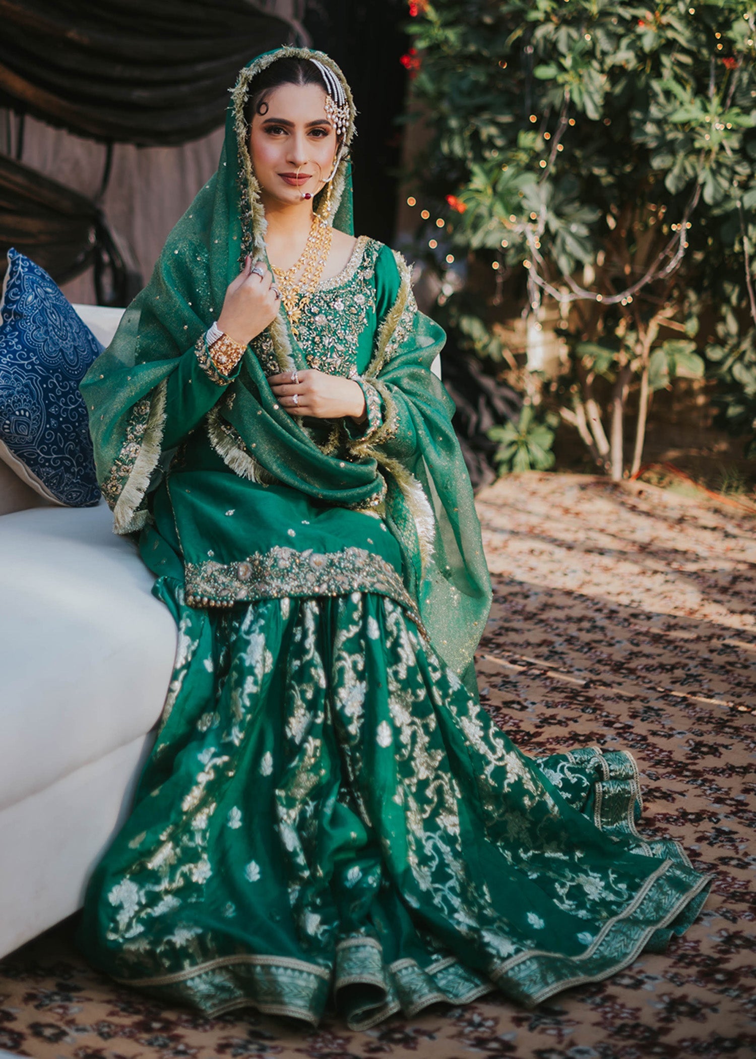 Emerald Green Embroidered Silk Bridal Gharara (3-Piece) - Image 2