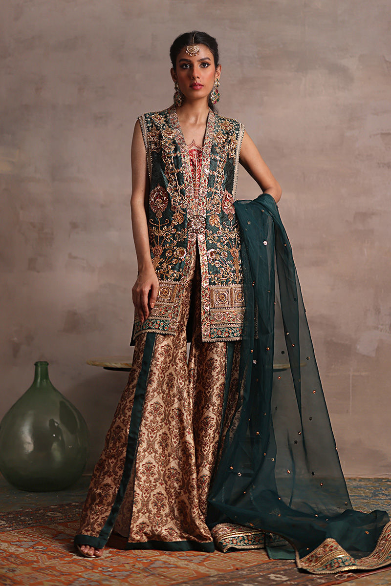 Deep Green Embroidered Silk Jacket Gharara (3-Piece) - Image 1