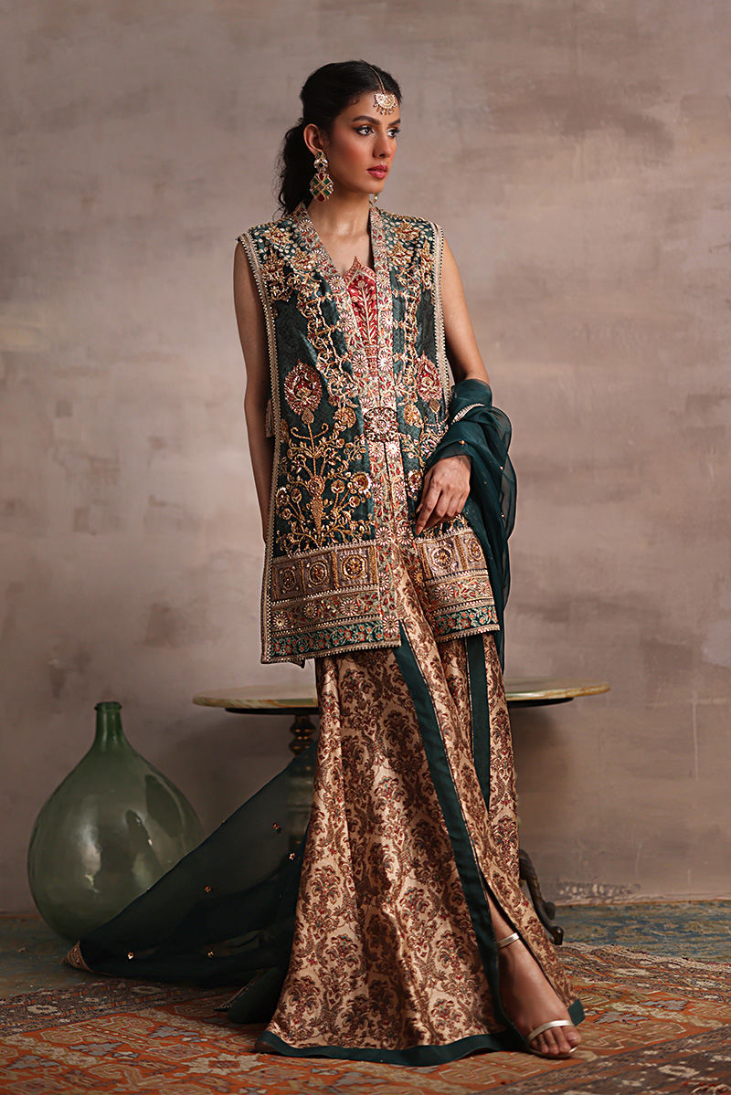 Deep Green Embroidered Silk Jacket Gharara (3-Piece) - Image 2