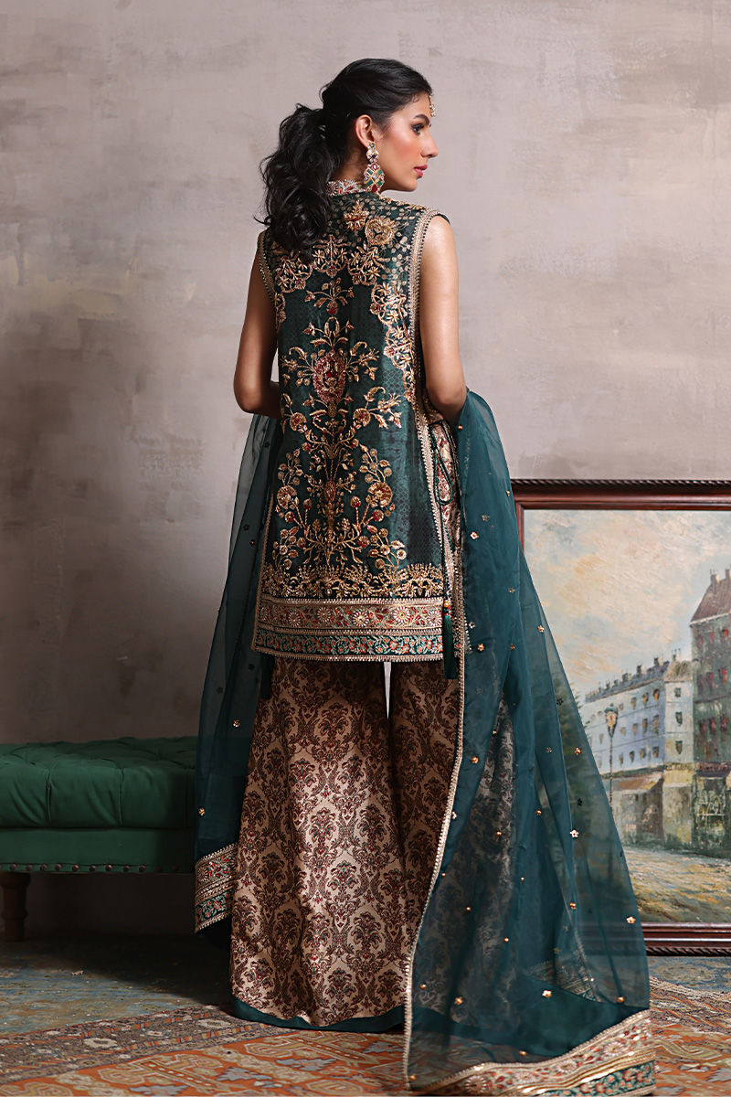 Deep Green Embroidered Silk Jacket Gharara (3-Piece) - Image 3