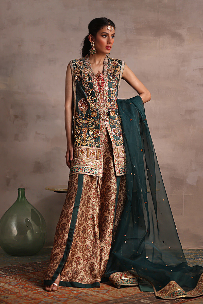 Deep Green Embroidered Silk Jacket Gharara (3-Piece) - Image 4