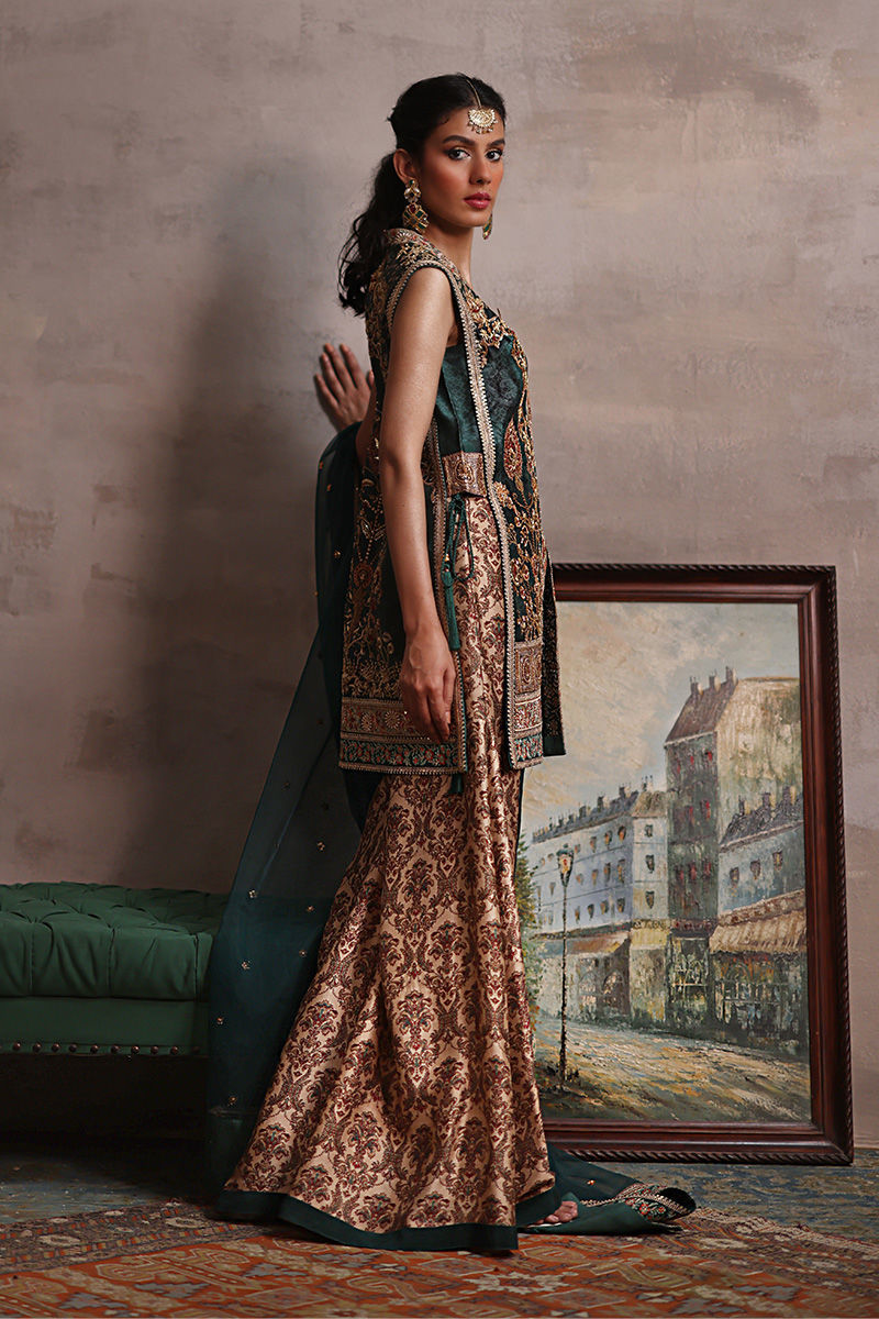 Deep Green Embroidered Silk Jacket Gharara (3-Piece) - Image 5