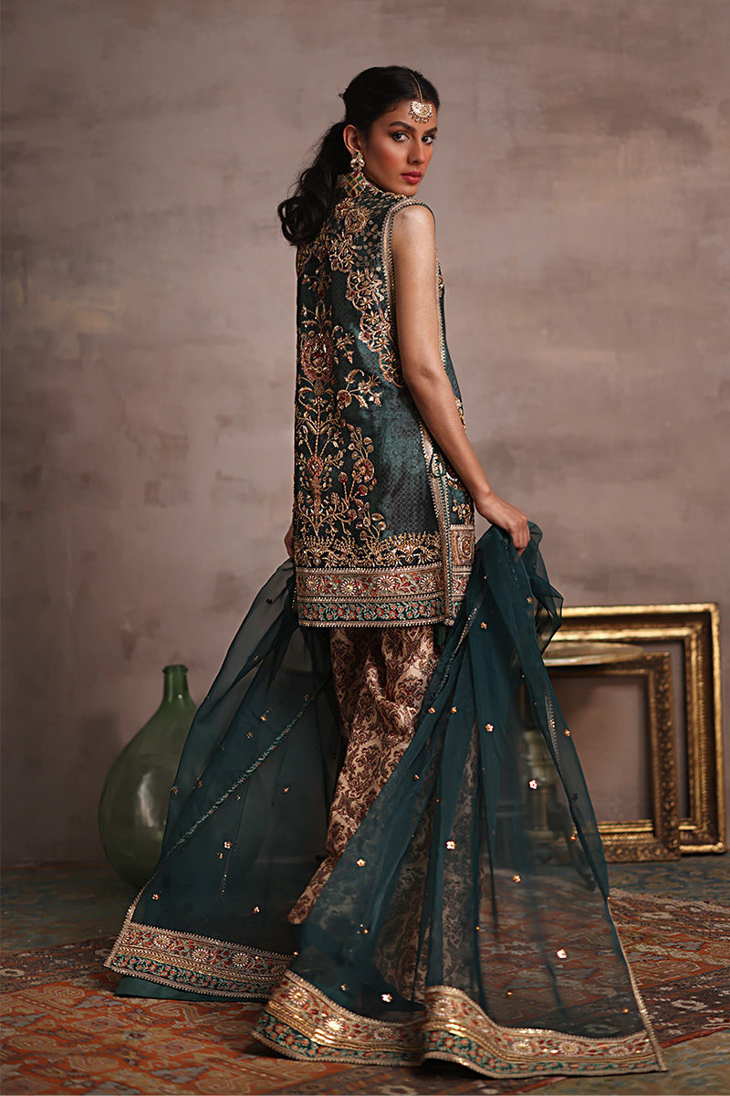 Deep Green Embroidered Silk Jacket Gharara (3-Piece) - Image 6