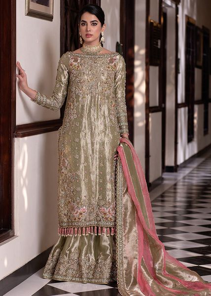 Soft Green Embroidered Tissue Gharara Set (3-Piece) - Image 2