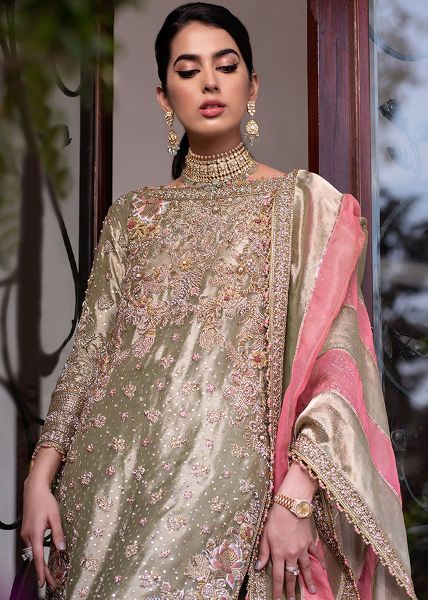 Soft Green Embroidered Tissue Gharara Set (3-Piece) - Image 3
