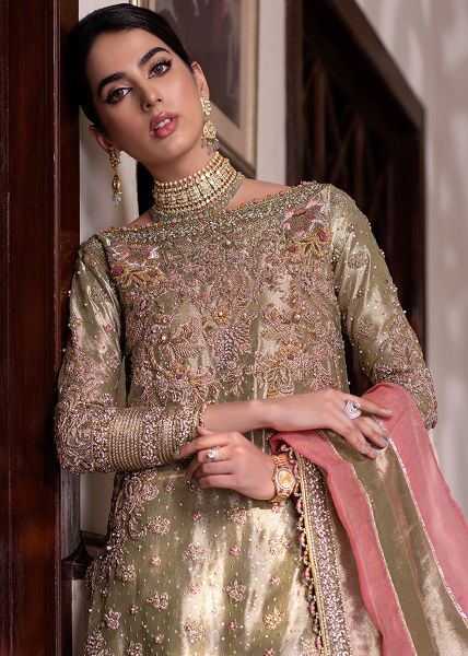 Soft Green Embroidered Tissue Gharara Set (3-Piece) - Image 4
