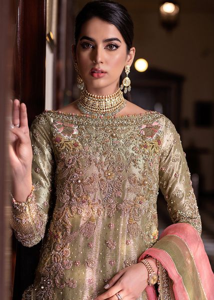 Soft Green Embroidered Tissue Gharara Set (3-Piece) - Image 5