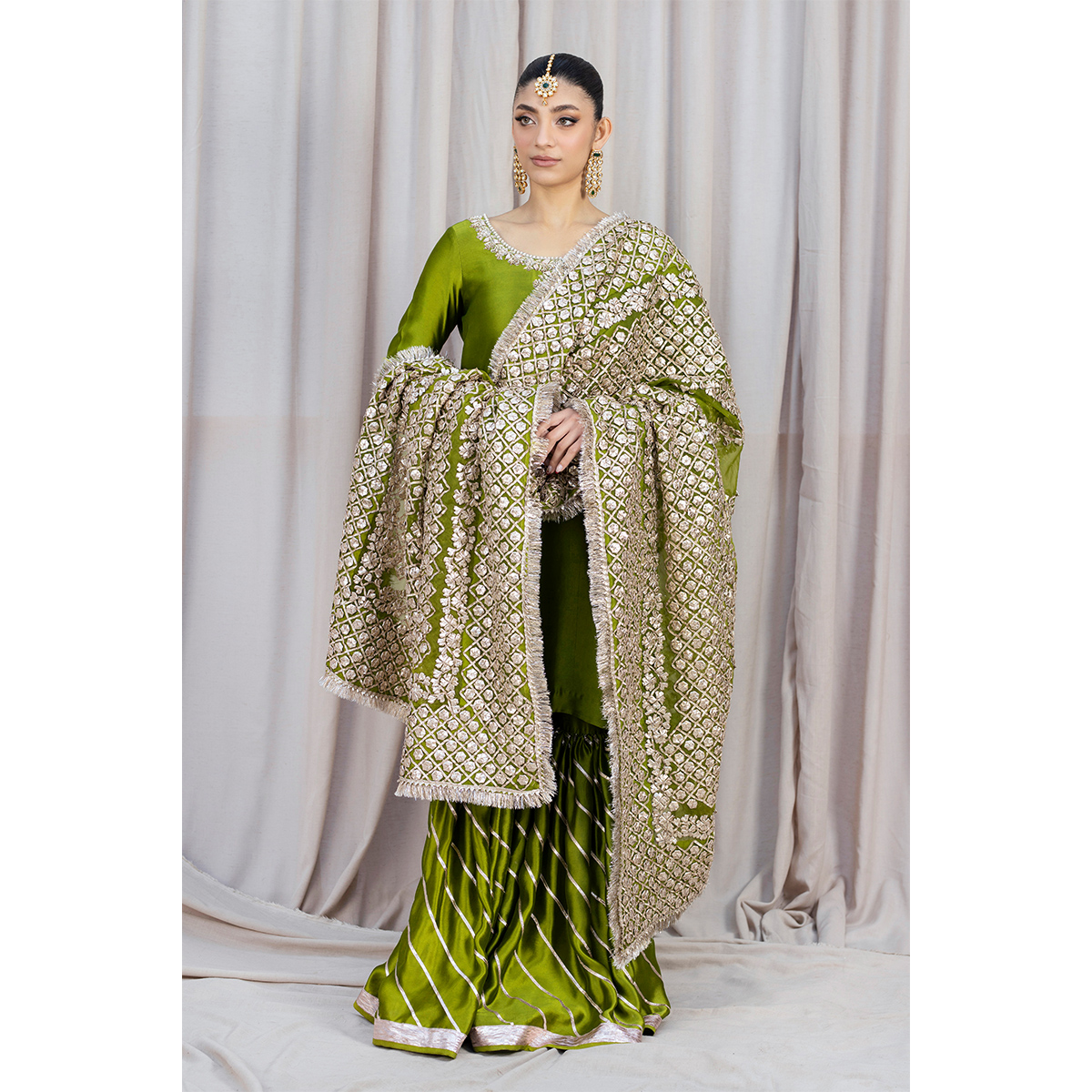 Hinna Green Gota Embroidered Silk Gharara (3-Piece) - Image 1
