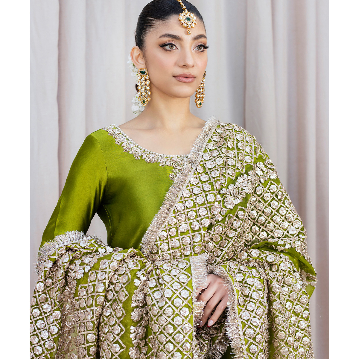 Hinna Green Gota Embroidered Silk Gharara (3-Piece) - Image 2