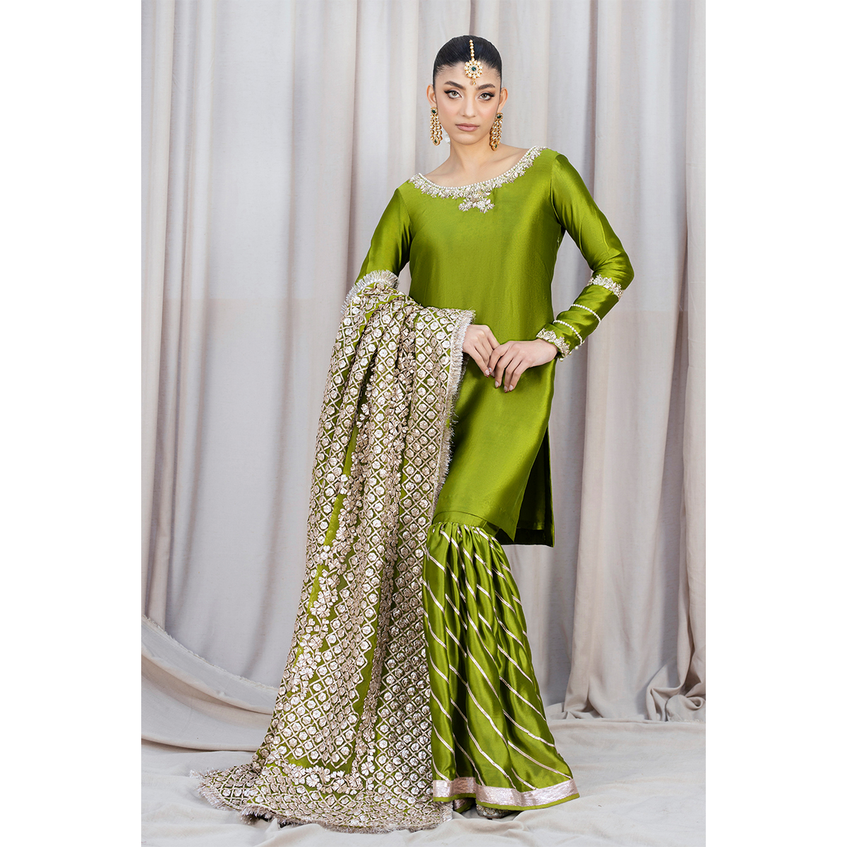 Hinna Green Gota Embroidered Silk Gharara (3-Piece) - Image 4
