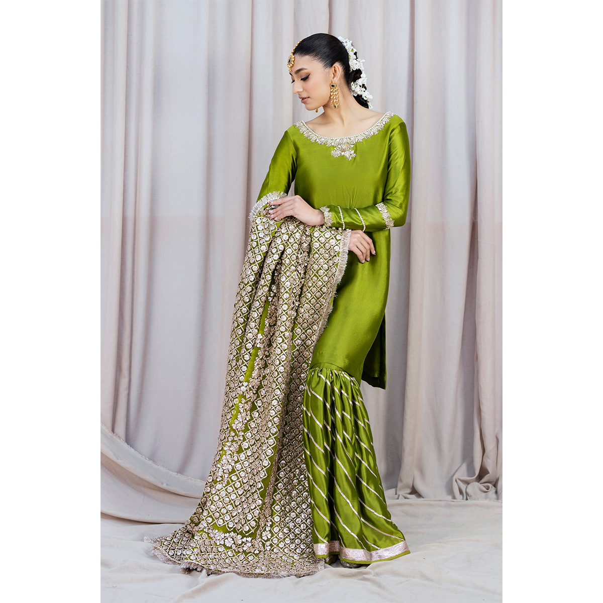 Hinna Green Gota Embroidered Silk Gharara (3-Piece) - Image 5