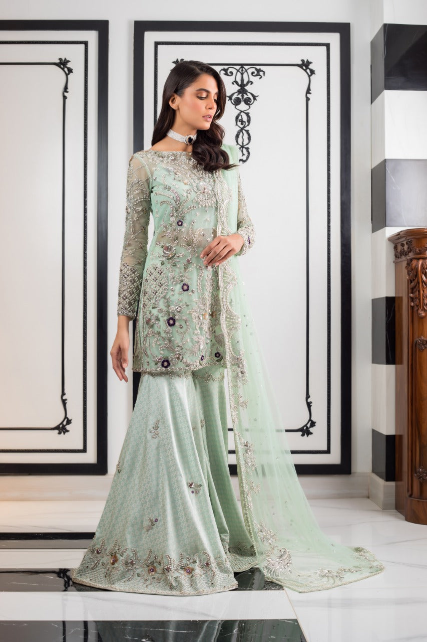 Pakistani Seafoam Zardozi Tulle Gharara Set (3-Piece) - Image 1