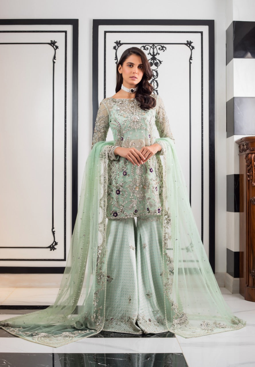 Pakistani Seafoam Zardozi Tulle Gharara Set (3-Piece) - Image 2