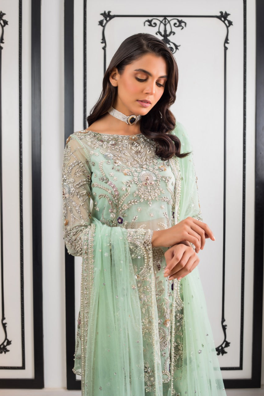 Pakistani Seafoam Zardozi Tulle Gharara Set (3-Piece) - Image 3