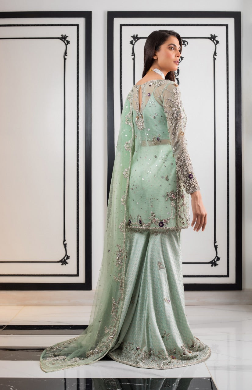 Pakistani Seafoam Zardozi Tulle Gharara Set (3-Piece) - Image 4