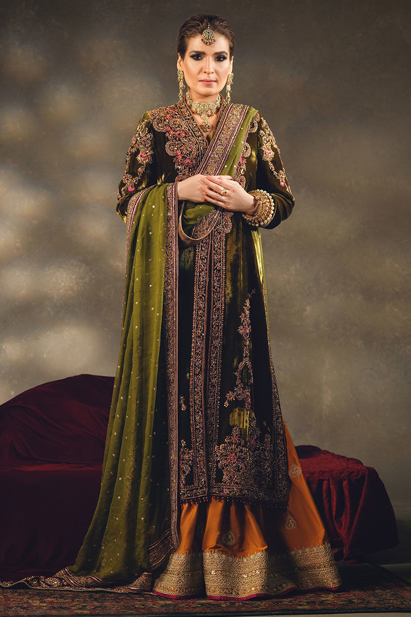 Pakistani Mehndi Green Embroidered Velvet Jacket Gharara (3-Piece) - Image 1