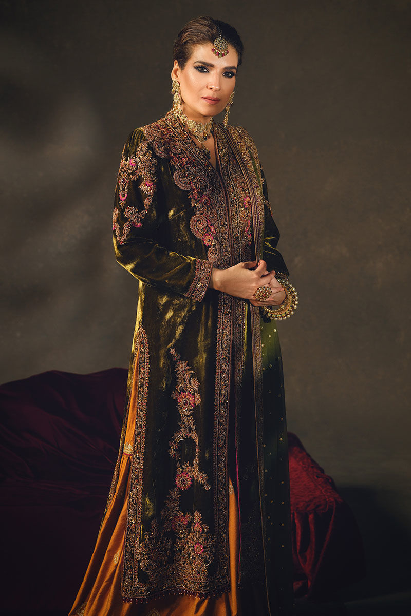 Pakistani Mehndi Green Embroidered Velvet Jacket Gharara (3-Piece) - Image 2