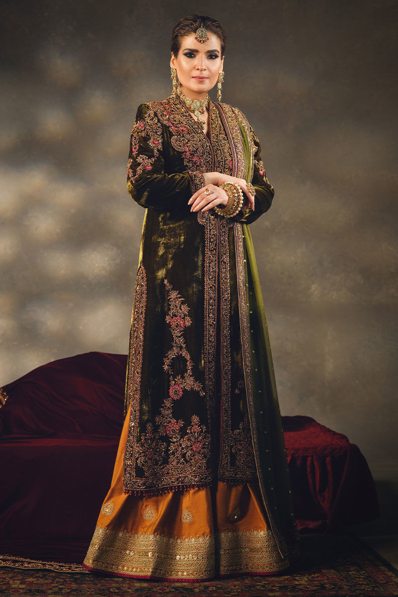 Pakistani Mehndi Green Embroidered Velvet Jacket Gharara (3-Piece) - Image 3