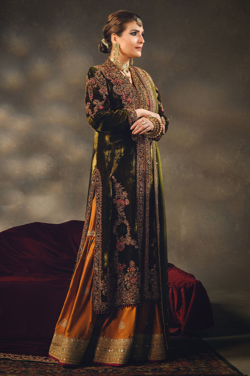 Pakistani Mehndi Green Embroidered Velvet Jacket Gharara (3-Piece) - Image 4