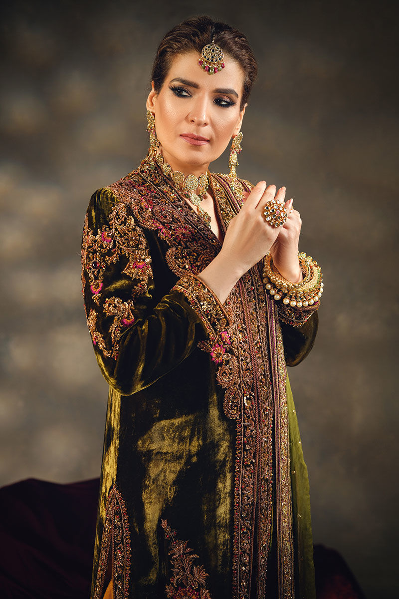 Pakistani Mehndi Green Embroidered Velvet Jacket Gharara (3-Piece) - Image 5