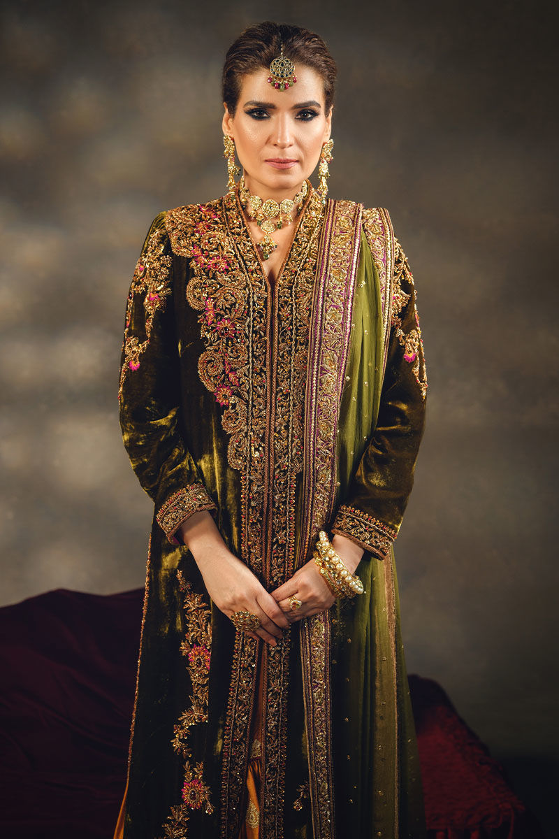 Pakistani Mehndi Green Embroidered Velvet Jacket Gharara (3-Piece) - Image 6