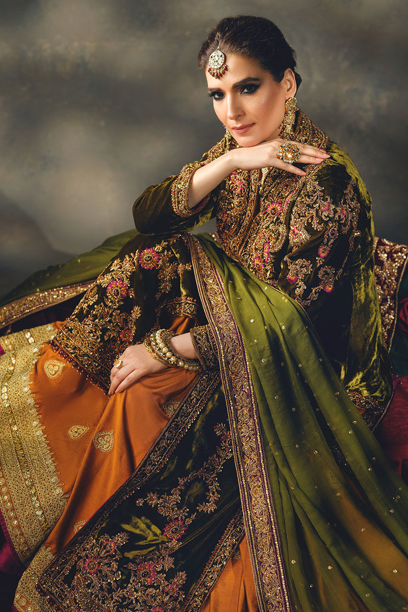 Pakistani Mehndi Green Embroidered Velvet Jacket Gharara (3-Piece) - Image 7