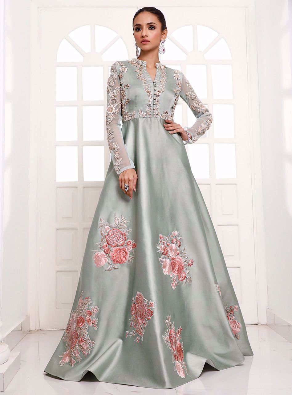 Sage Embellished Charmeuse Silk Gown (1-Pc) - Image 1