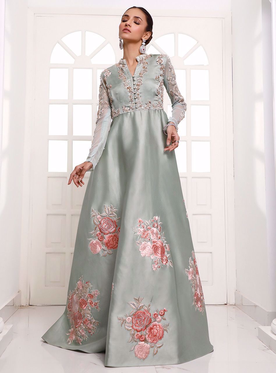 Sage Green Embellished Charmeuse Silk Gown (1-Pc) - Image 2
