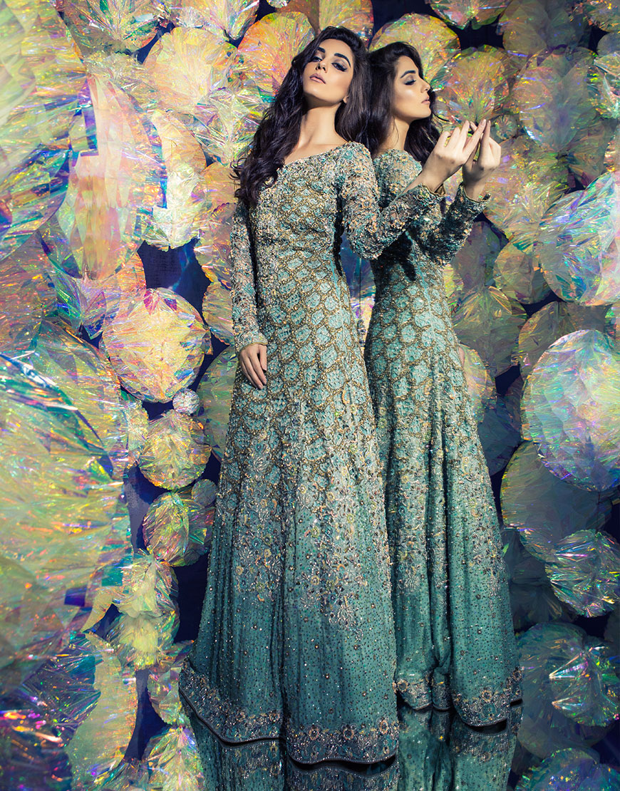 Pakistani Sea Green Embellished Chiffon Tissue Gown (2-Piece) - Image 1