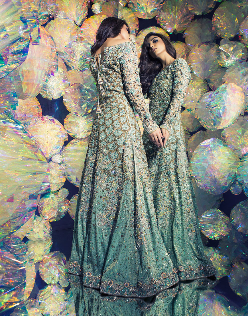 Pakistani Sea Green Embellished Chiffon Tissue Gown (2-Piece) - Image 2