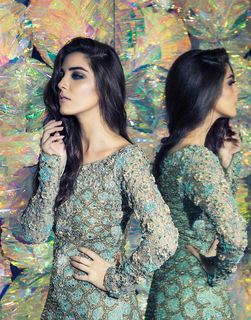 Pakistani Sea Green Embellished Chiffon Tissue Gown (2-Piece) - Image 3