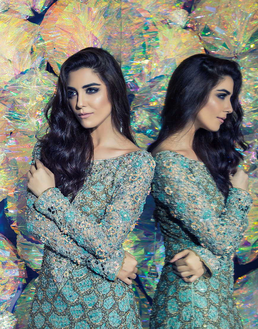 Pakistani Sea Green Embellished Chiffon Tissue Gown (2-Piece) - Image 4