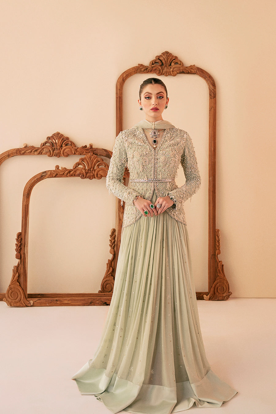 Pakistani Pastel Green Embroidered Chiffon Gown (3-Piece) - Image 1