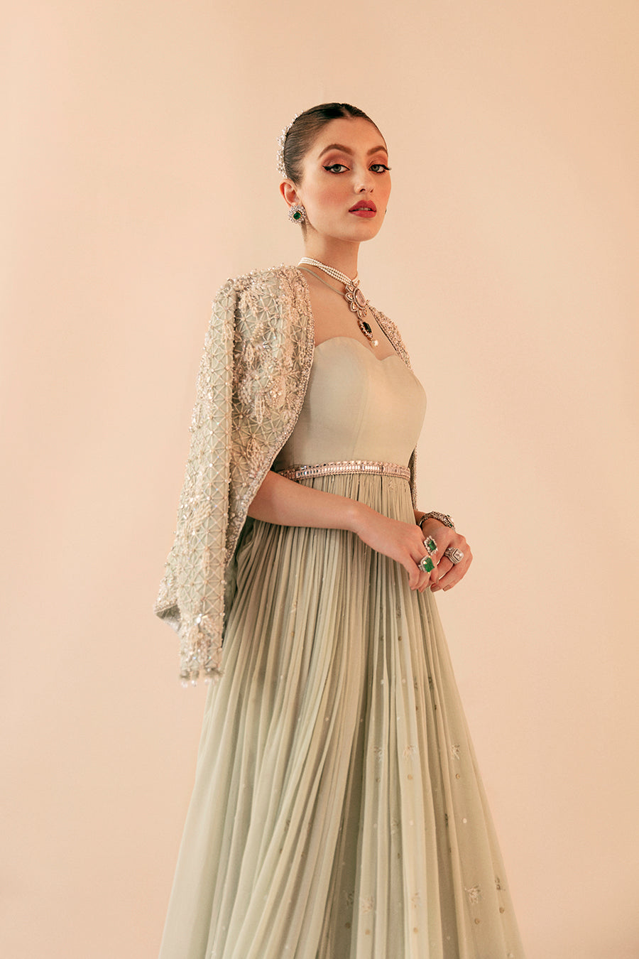 Pakistani Pastel Green Embroidered Chiffon Gown (3-Piece) - Image 2