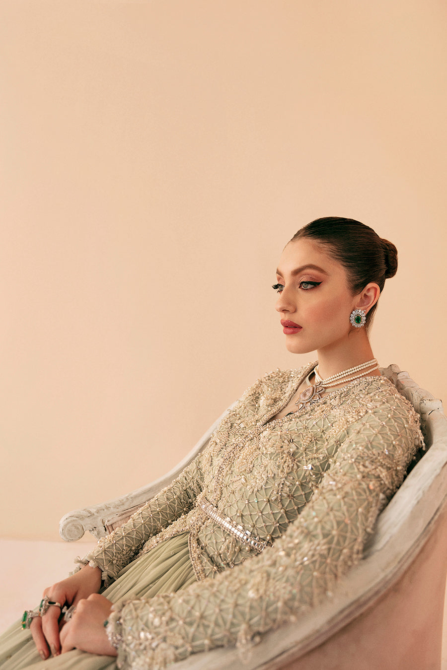 Pakistani Pastel Green Embroidered Chiffon Gown (3-Piece) - Image 3