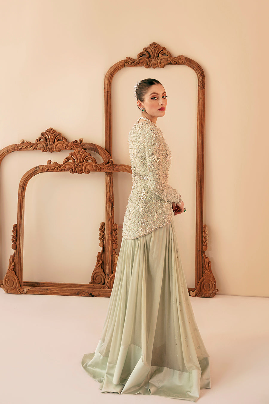 Pakistani Pastel Green Embroidered Chiffon Gown (3-Piece) - Image 4