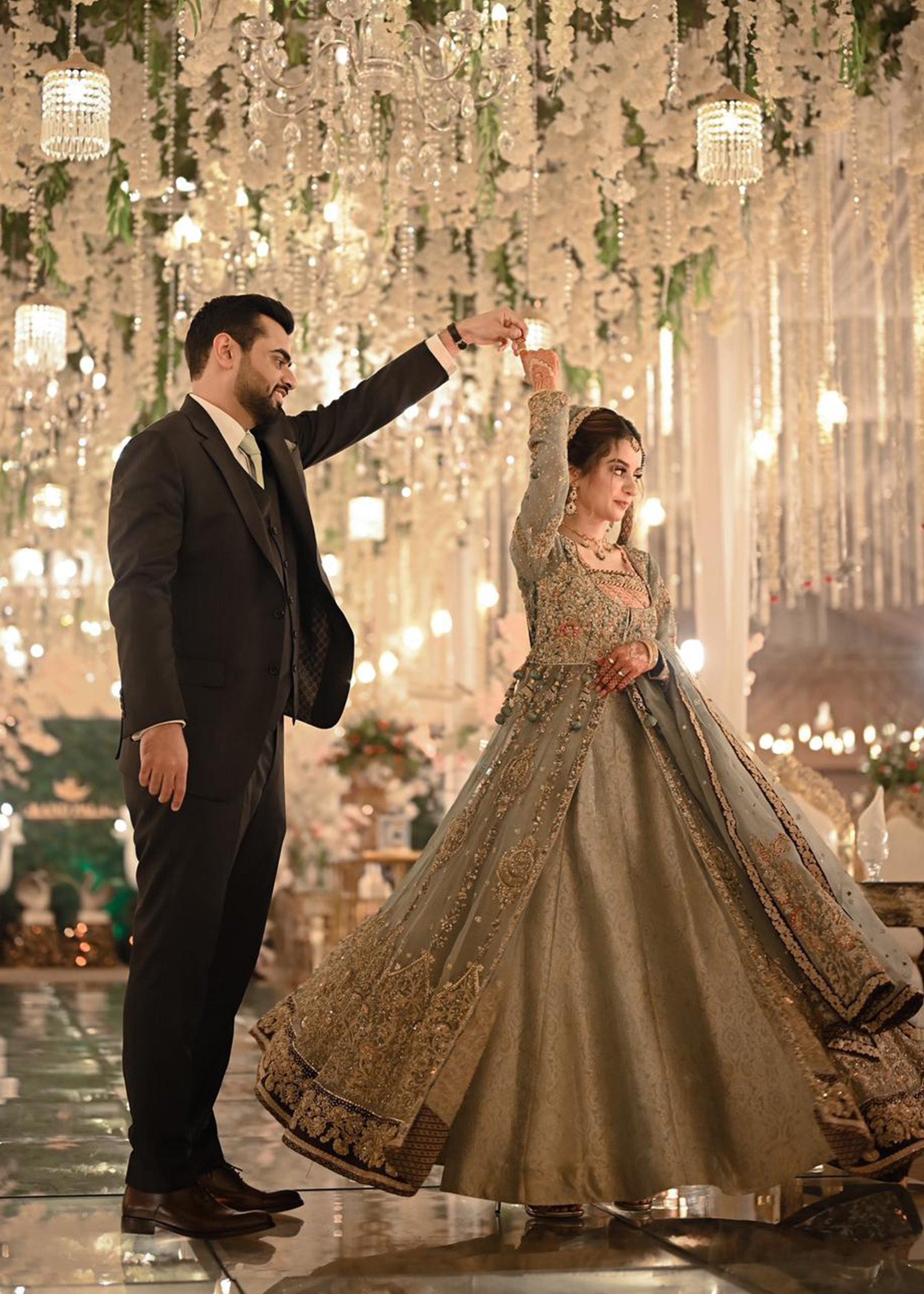 Pakistani Sage Green Embellished Net Bridal Gown (2-Piece) - Image 1