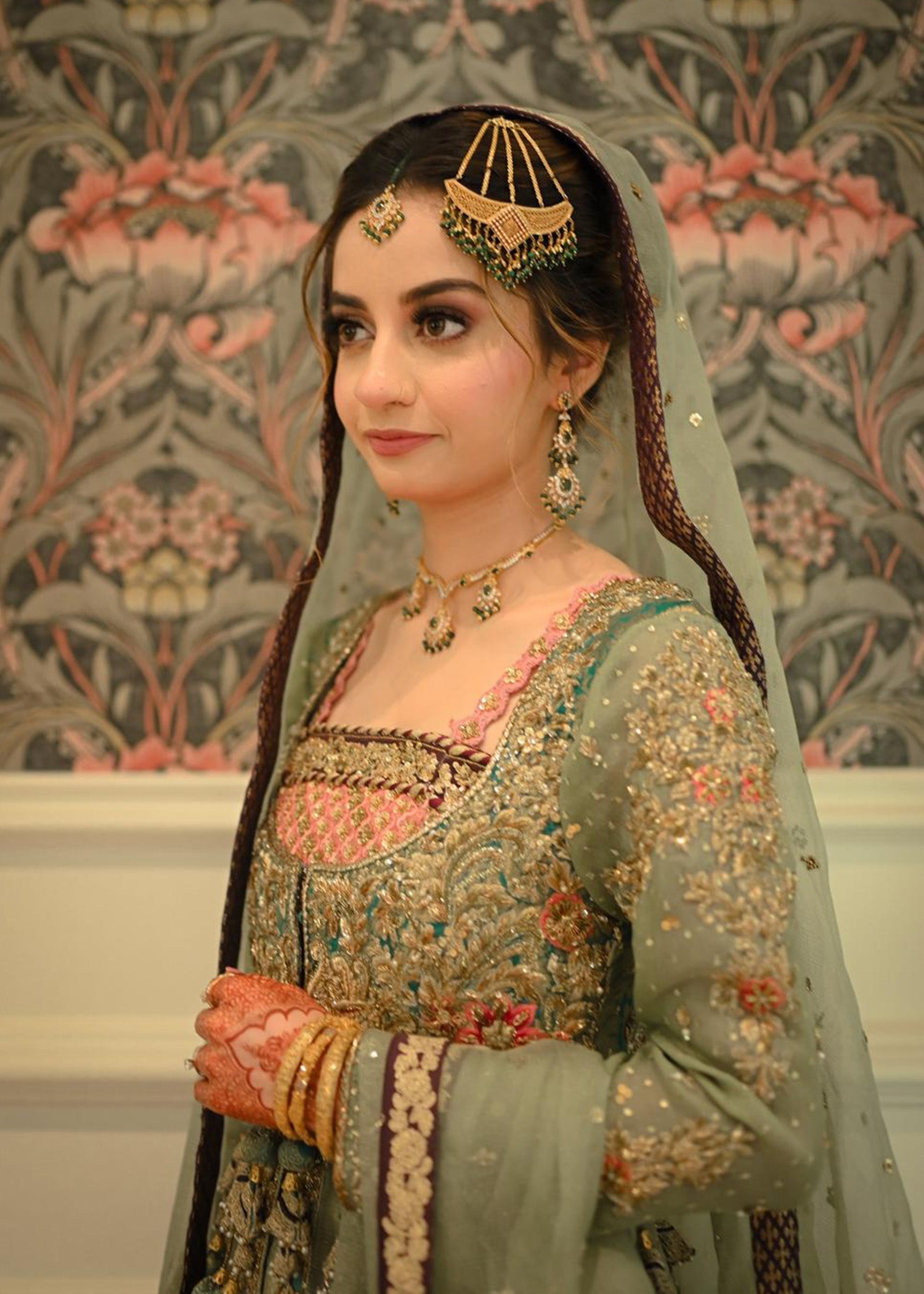 Pakistani Sage Green Embellished Net Bridal Gown (2-Piece) - Image 2