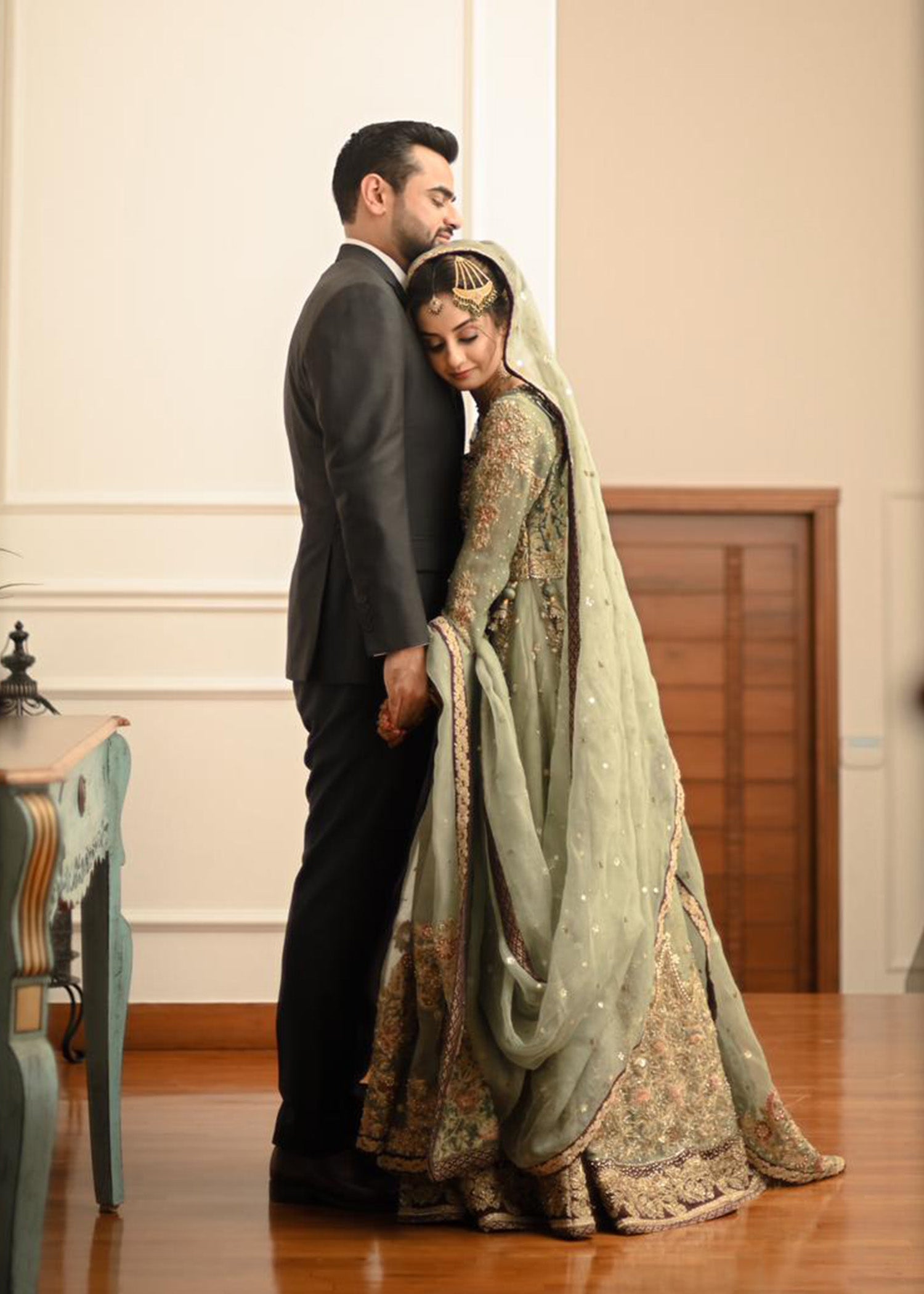 Pakistani Sage Green Embellished Net Bridal Gown (2-Piece) - Image 3