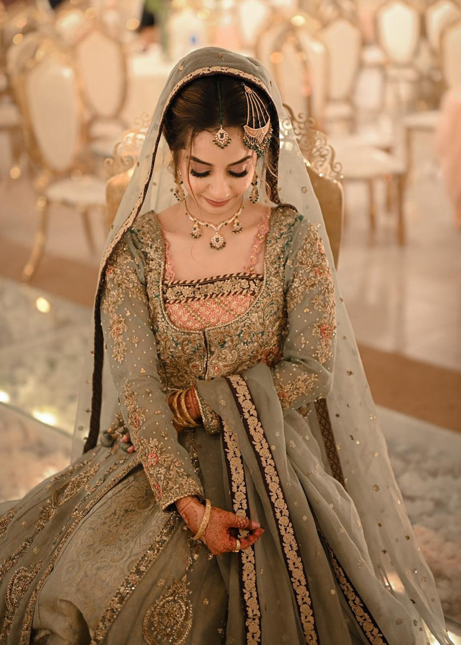 Pakistani Sage Green Embellished Net Bridal Gown (2-Piece) - Image 4