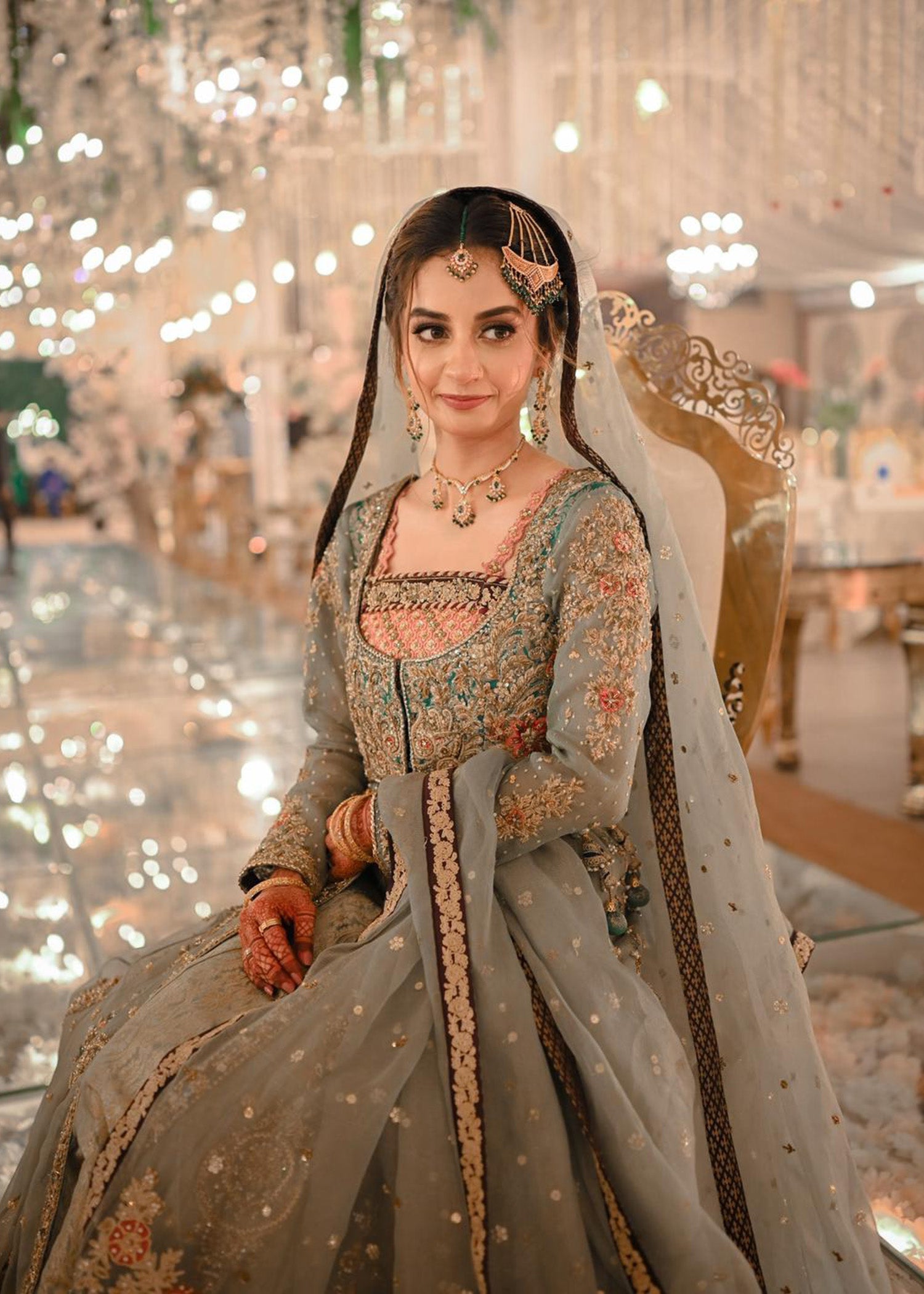 Pakistani Sage Green Embellished Net Bridal Gown (2-Piece) - Image 5