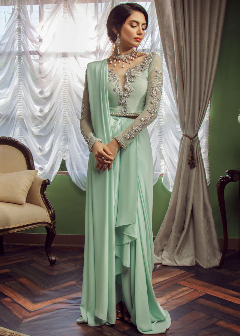 Mint Hand-Embroidered Net & Georgette Saree Gown (2-Piece) - Image 1