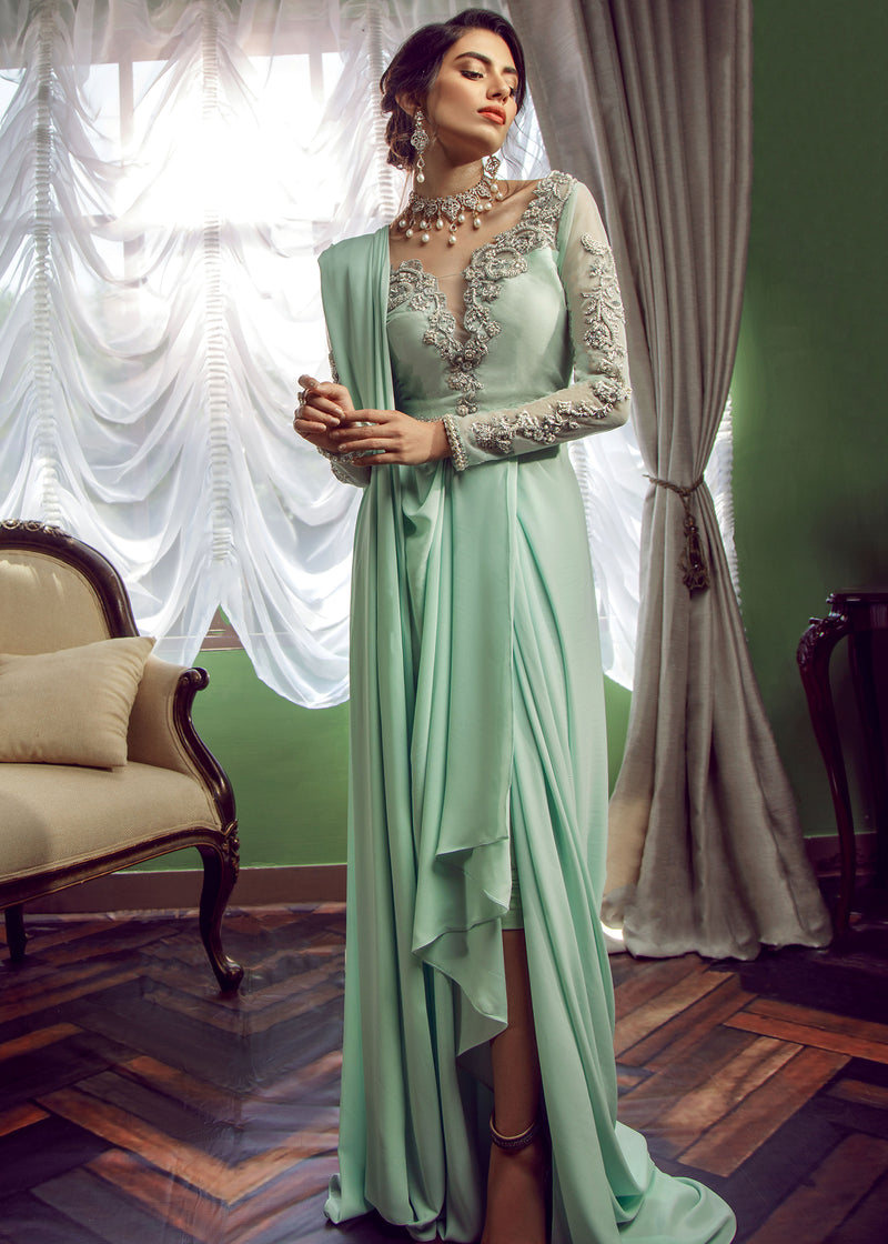 Mint Hand-Embroidered Net & Georgette Saree Gown (2-Piece) - Image 3